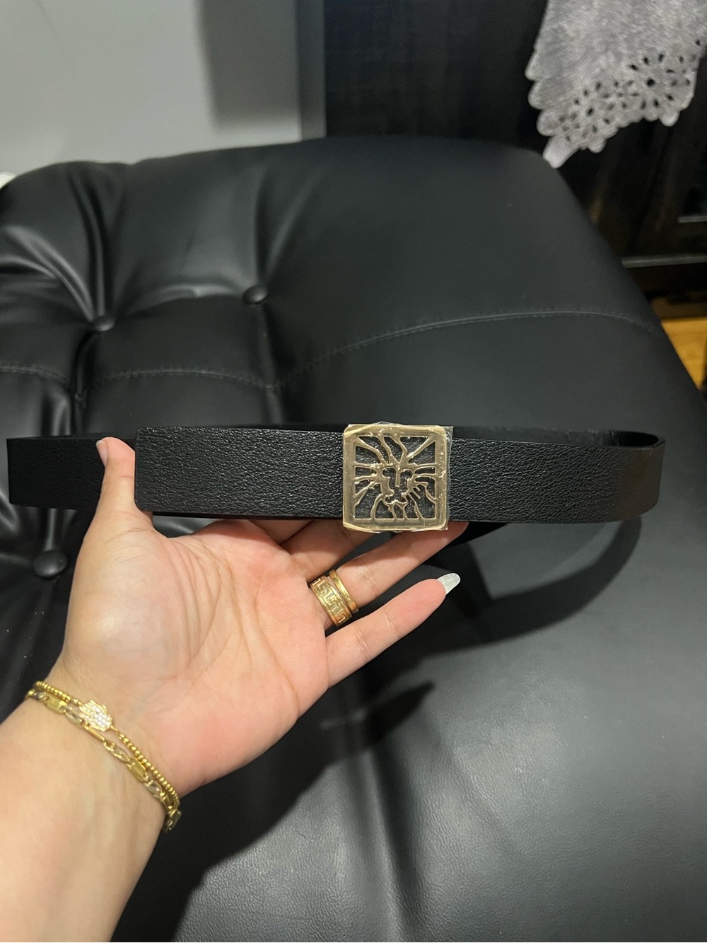 Anne Klein Black Leather Belt with Gold Decorative Buckle